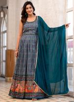 Soft Dola Navy Blue Festival Wear Mirror Work Readymade Gown With Dupatta